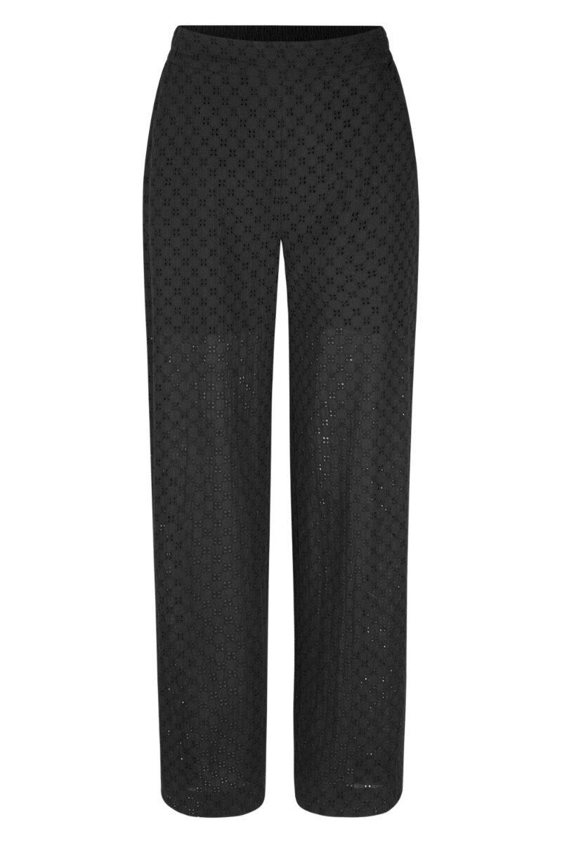 Mirabella Trousers black Wide leg trousers with pockets, elasticised waist and embroided cotton poplin - front image