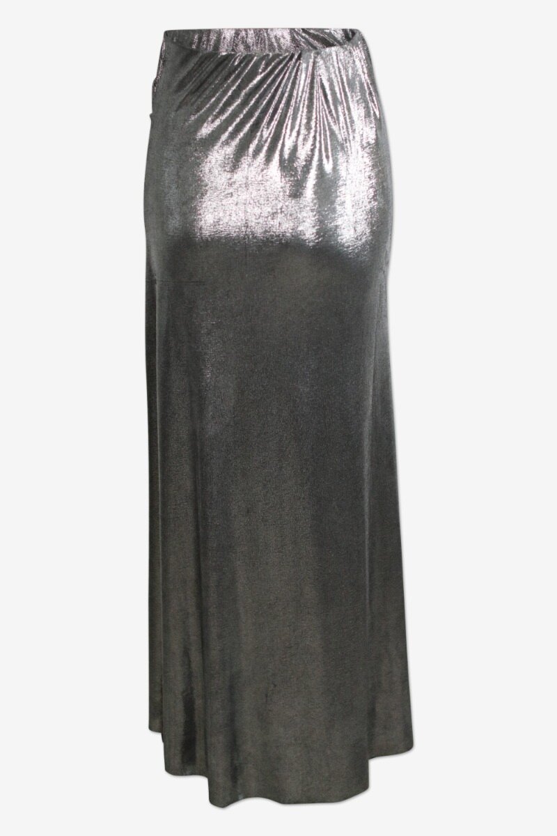 Kerry Skirt Gunmetal A tight-fitted, maxi skirt with a slit on the left side, a metallic finish, and a flattering drape - back image