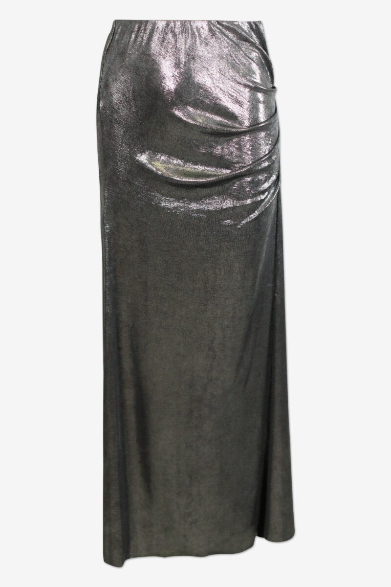 Kerry Skirt Gunmetal A tight-fitted, maxi skirt with a slit on the left side, a metallic finish, and a flattering drape - front image