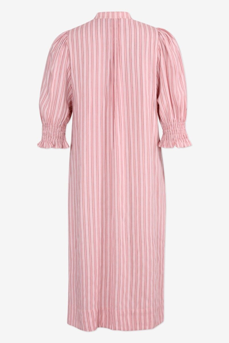 Linette Dress Old rose stripe A-shaped dress that falls below the knee, with puffy mid-length sleeves, a voluminous skirt, and front buttons - back image