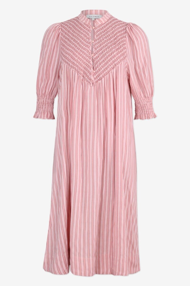 Linette Dress Old rose stripe A-shaped dress that falls below the knee, with puffy mid-length sleeves, a voluminous skirt, and front buttons - front image