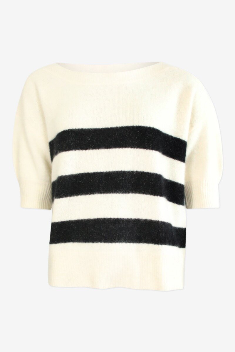 Moi Stripe Sweater Off white/black stripe A short-sleeved sweater with a loose fit, and a wide neckline - front image